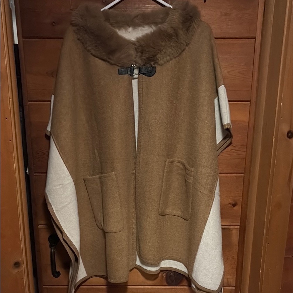 Pretty Persuasions Camel and Cream Faux-Fur Trim Cape Poncho